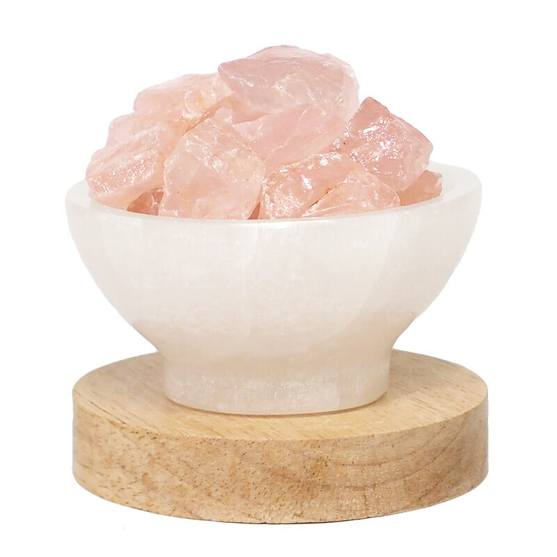 Selenite Fire Bowl With Rose Quartz Rough on Large LED Base 4 Selenite Fire Bowl With Rose Quartz Rough on Large LED Base | Himalayan Salt Factory