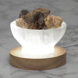 Selenite Fire Bowl With Smoky Quartz Rough on Large LED Base | Himalayan Salt Factory