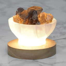 Selenite Fire Bowl With Smoky Quartz Rough on Large LED Base | Himalayan Salt Factory