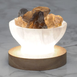 Selenite Fire Bowl With Smoky Quartz Rough on Large LED Base | Himalayan Salt Factory