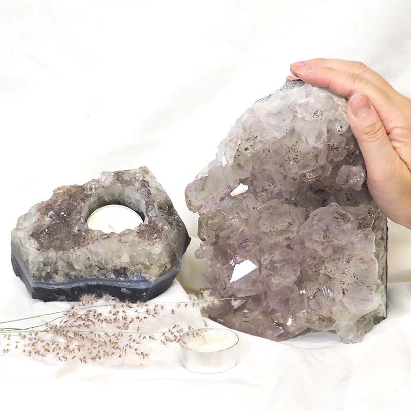 2.8Kg Natural Amethyst Crystal Lamp with Tea Light Candle Holder Set 2 Pieces S491 5 Natural White Amethyst Crystal Lamp with Tea Light Candle Holder Set 2 Pieces S491