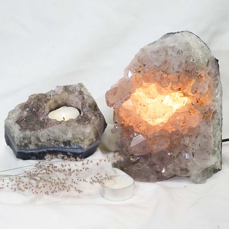 2.8Kg Natural Amethyst Crystal Lamp with Tea Light Candle Holder Set 2 Pieces S491 4 Natural White Amethyst Crystal Lamp with Tea Light Candle Holder Set 2 Pieces S491