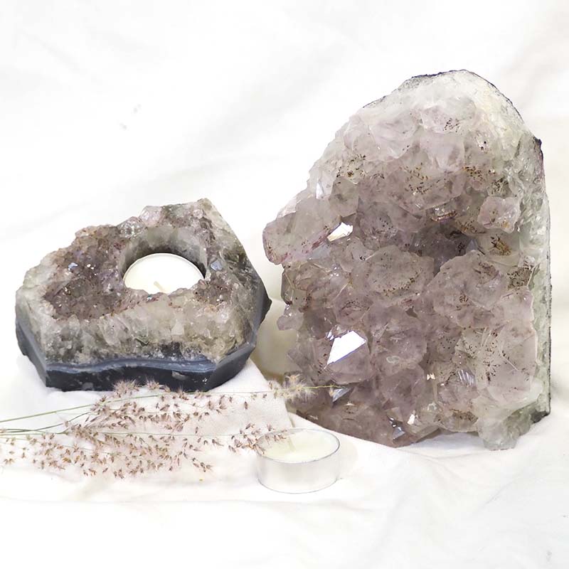 2.8Kg Natural Amethyst Crystal Lamp with Tea Light Candle Holder Set 2 Pieces S491 3 Natural White Amethyst Crystal Lamp with Tea Light Candle Holder Set 2 Pieces S491