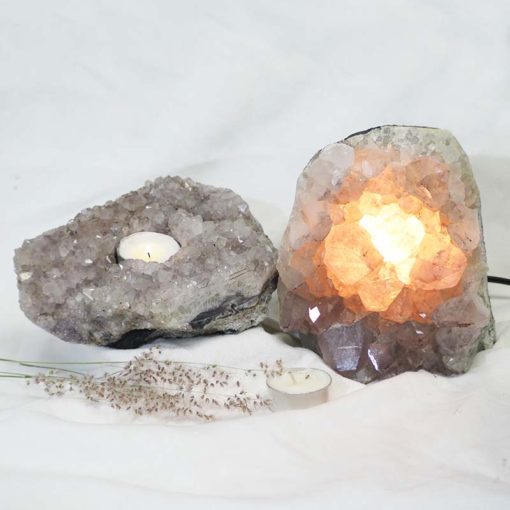 Natural White Amethyst Crystal Lamp with Tea Light Candle Holder Set 2 Pieces S549