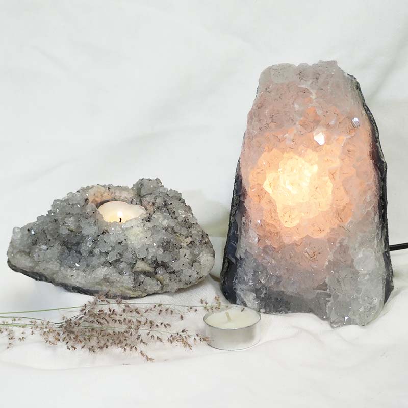 2.6Kg Natural White Amethyst Crystal Lamp with Tea Light Candle Holder Set 2 Pieces S493 6 Natural White Amethyst Crystal Lamp with Tea Light Candle Holder Set 2 Pieces S493