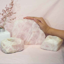 Rose Quartz Slab with Rose Quartz Tea Light Candle Holder Set J496-1
