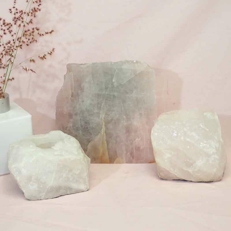 1.5kg Rose Quartz Slab with Rose Quartz Tea Light Candle Holder Set J497 3 Rose Quartz Slab with Rose Quartz Tea Light Candle Holder Set J497