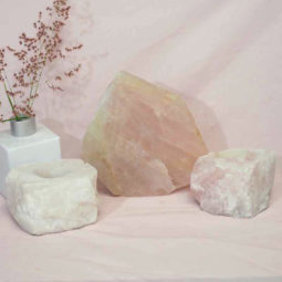 Rose Quartz Slab with Rose Quartz Tea Light Candle Holder Set J499