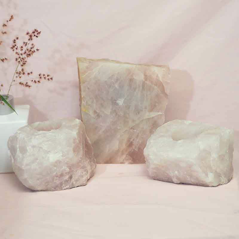 1.5kg Rose Quartz Slab with Rose Quartz Tea Light Candle Holder Set J502 3 Rose Quartz Slab with Rose Quartz Tea Light Candle Holder Set J502