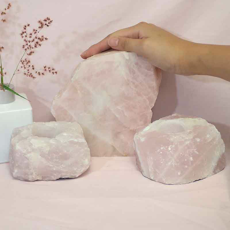 1.9kg Rose Quartz Slab with Rose Quartz Tea Light Candle Holder Set J503 4 Rose Quartz Slab with Rose Quartz Tea Light Candle Holder Set J503-1