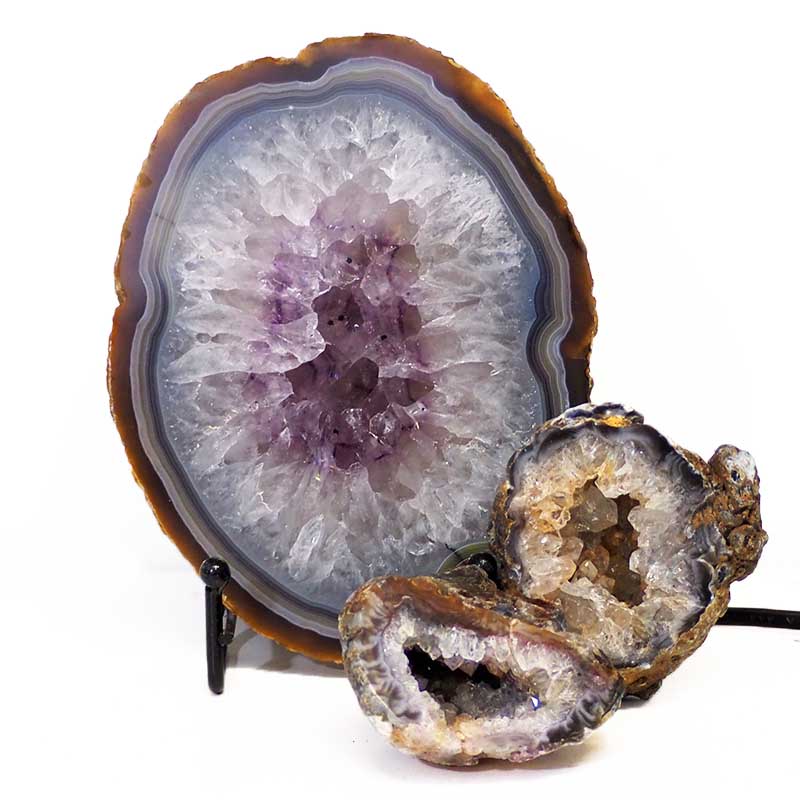 0.95kg Sliced Brazilian Agate Lamp and Mini Agate Crystal Geodes Set J199 3 Sliced Brazilian Agate Lamp and Mini Aagte Crystal Geodes Set J199