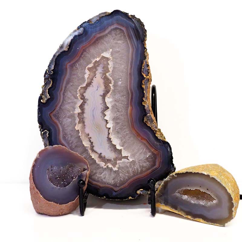1.04kg Sliced Brazilian Agate Lamp and Mini Agate Crystal Geodes Set J200 3 Sliced Brazilian Agate Lamp and Mini Aagte Crystal Geodes Set J200