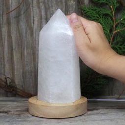 White Calcite Point with LED Light Crystal Large Display Base DS1443 | Himalayan Salt Factory
