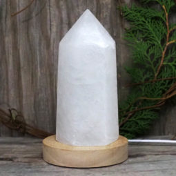White Calcite Point with LED Light Crystal Large Display Base DS1443 | Himalayan Salt Factory