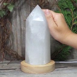 White Calcite Point with LED Light Crystal Large Display Base DS1444 | Himalayan Salt Factory
