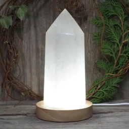 White Calcite Point with LED Light Crystal Large Display Base DS1444 | Himalayan Salt Factory