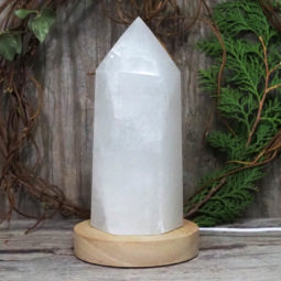 White Calcite Point with LED Light Crystal Large Display Base DS1444 | Himalayan Salt Factory