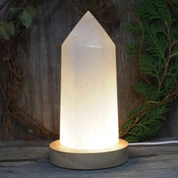 White Calcite Point with LED Light Crystal Large Display Base DS1444 | Himalayan Salt Factory