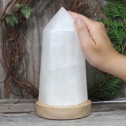 White Calcite Point with LED Light Crystal Large Display Base DS1445 | Himalayan Salt Factory