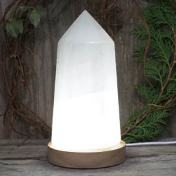 White Calcite Point with LED Light Crystal Large Display Base DS1445 | Himalayan Salt Factory