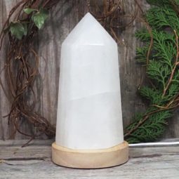 White Calcite Point with LED Light Crystal Large Display Base DS1445 | Himalayan Salt Factory