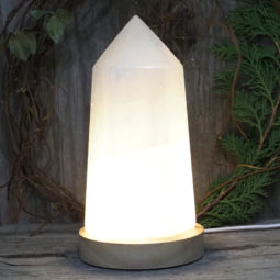 White Calcite Point with LED Light Crystal Large Display Base DS1445 | Himalayan Salt Factory