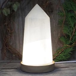 White Calcite Point with LED Light Crystal Large Display Base DS1445 | Himalayan Salt Factory