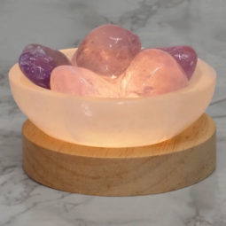Selenite Round Fire Bowl With Amethyst Tumbled Stone on Large LED Base | Himalayan Salt Factory