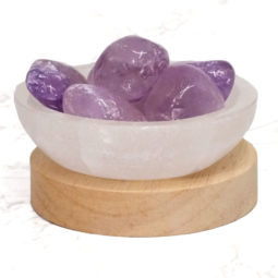 Selenite Round Fire Bowl With Amethyst Tumbled Stone on Large LED Base | Himalayan Salt Factory