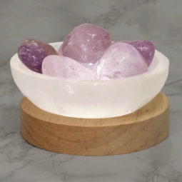 Selenite Round Fire Bowl With Amethyst Tumbled Stone on Large LED Base | Himalayan Salt Factory