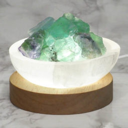 Selenite Round Fire Bowl With Rainbow Fluorite Rough on Large LED Base | Himalayan Salt Factory