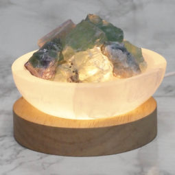 Selenite Round Fire Bowl With Rainbow Fluorite Rough on Large LED Base | Himalayan Salt Factory