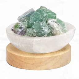 Selenite Round Fire Bowl With Rainbow Fluorite Rough on Large LED Base | Himalayan Salt Factory