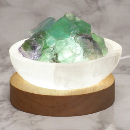Selenite Round Fire Bowl With Rainbow Fluorite Rough on Large LED Base | Himalayan Salt Factory