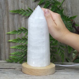 White Calcite Point with LED Light Large Display Base DS1558 | Himalayan Salt Factory
