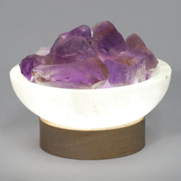 Selenite Round Fire Bowl With Amethyst Rough on Small LED Base | Himalayan Salt Factory