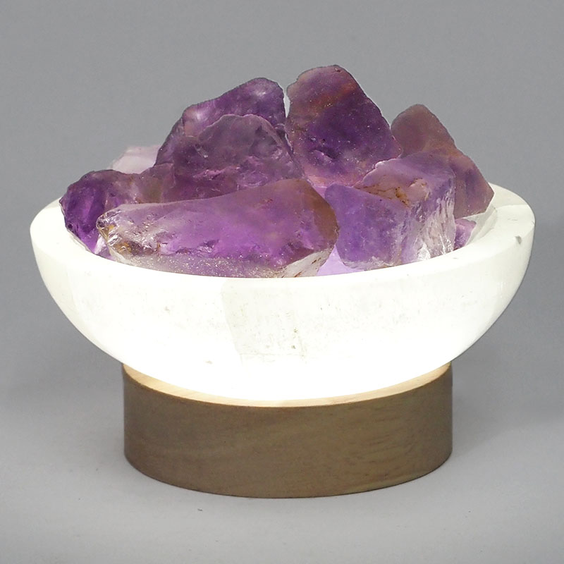 Selenite Round Fire Bowl With Amethyst Rough on Small LED Base 3 Selenite Round Fire Bowl With Amethyst Rough on Small LED Base | Himalayan Salt Factory