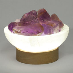 Selenite Round Fire Bowl With Amethyst Rough on Small LED Base 16 Selenite Round Fire Bowl With Amethyst Rough on Small LED Base | Himalayan Salt Factory