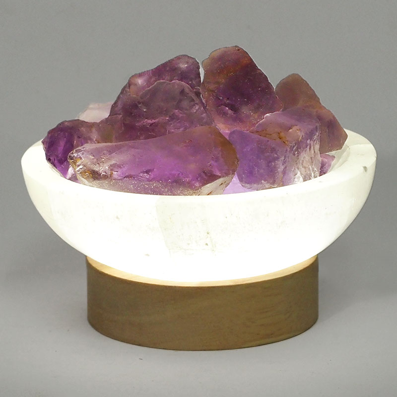 Selenite Round Fire Bowl With Amethyst Rough on Small LED Base 5 Selenite Round Fire Bowl With Amethyst Rough on Small LED Base | Himalayan Salt Factory