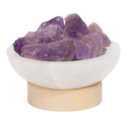 Selenite Round Fire Bowl With Amethyst Rough on Small LED Base 15 Selenite Round Fire Bowl With Amethyst Rough on Small LED Base | Himalayan Salt Factory