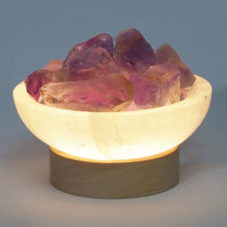 Selenite Round Fire Bowl With Amethyst Rough on Small LED Base 17 Selenite Round Fire Bowl With Amethyst Rough on Small LED Base | Himalayan Salt Factory