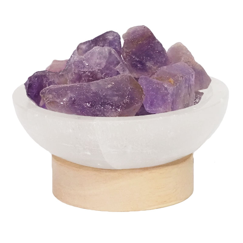 Selenite Round Fire Bowl With Amethyst Rough on Small LED Base 4 Selenite Round Fire Bowl With Amethyst Rough on Small LED Base | Himalayan Salt Factory