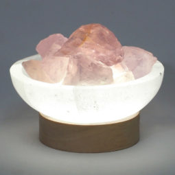 Selenite Round Fire Bowl With Rose Quartz Rough on Small LED Base | Himalayan Salt Factory