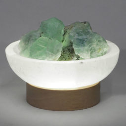 Selenite Round Fire Bowl With Rainbow Fluorite Rough on Small LED Base | Himalayan Salt Factory