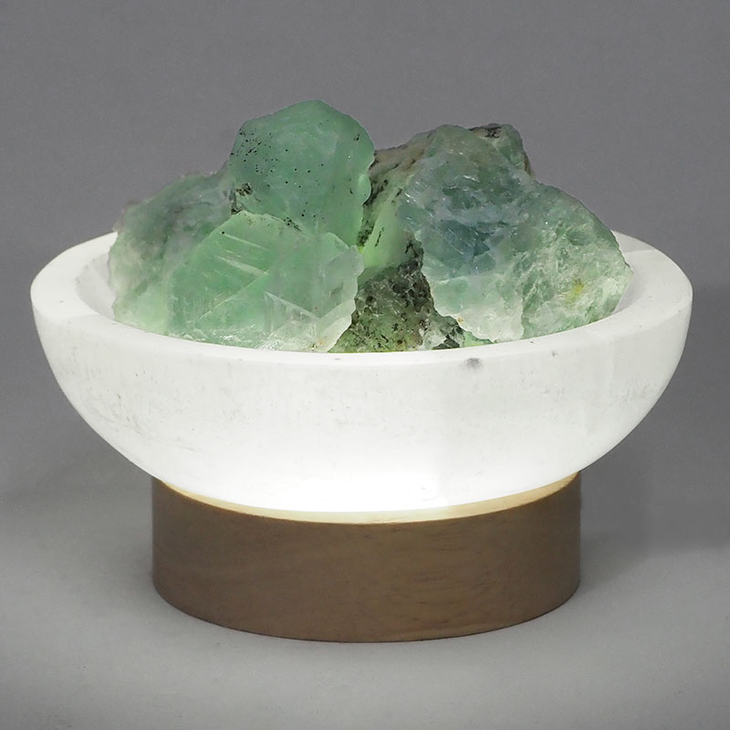 Selenite Round Fire Bowl With Rainbow Fluorite Rough on Small LED Base 3 Selenite Round Fire Bowl With Rainbow Fluorite Rough on Small LED Base | Himalayan Salt Factory