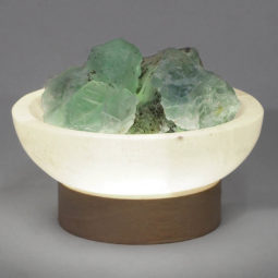 Selenite Round Fire Bowl With Rainbow Fluorite Rough on Small LED Base 16 Selenite Round Fire Bowl With Rainbow Fluorite Rough on Small LED Base | Himalayan Salt Factory