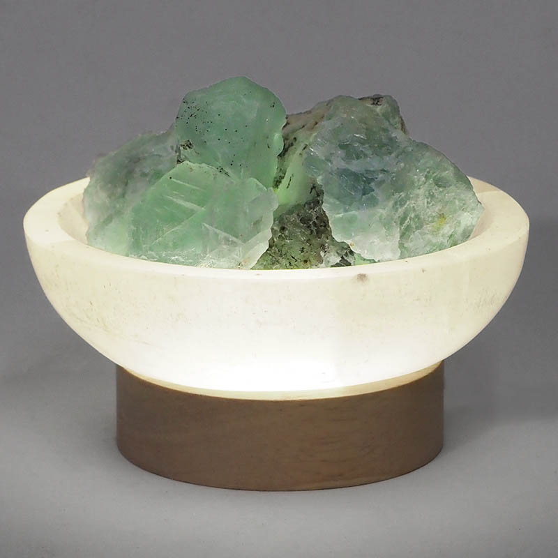 Selenite Round Fire Bowl With Rainbow Fluorite Rough on Small LED Base 5 Selenite Round Fire Bowl With Rainbow Fluorite Rough on Small LED Base | Himalayan Salt Factory