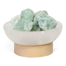 Selenite Round Fire Bowl With Rainbow Fluorite Rough on Small LED Base 15 Selenite Round Fire Bowl With Rainbow Fluorite Rough on Small LED Base | Himalayan Salt Factory