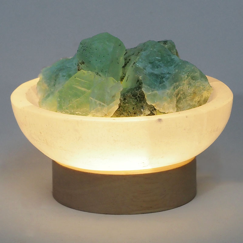 Selenite Round Fire Bowl With Rainbow Fluorite Rough on Small LED Base 7 Selenite Round Fire Bowl With Rainbow Fluorite Rough on Small LED Base | Himalayan Salt Factory