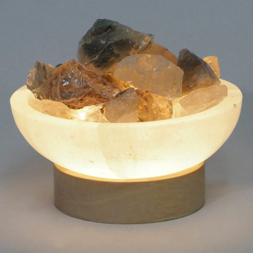 Selenite Round Fire Bowl With Smoky Quatz Rough on Small LED Base | Himalayan Salt Factory